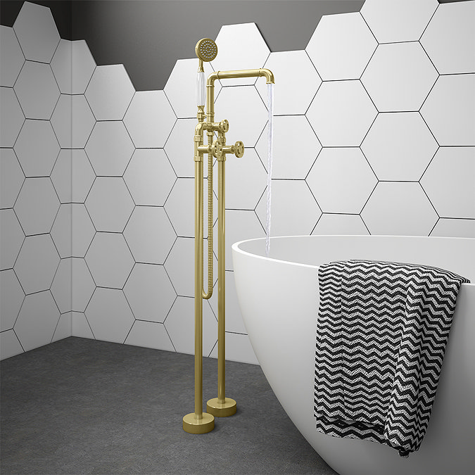 Arezzo Brushed Brass Industrial Style Freestanding Bath Shower Mixer Tap Large Image