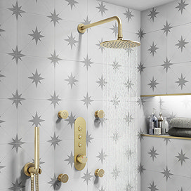 Arezzo Brushed Brass Industrial Style Push Button Shower Valve with Diverter, Handset, Fixed Shower