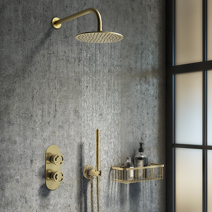 Arezzo Brushed Brass Industrial Style Round Modern Twin Concealed Shower Valve with Diverter  Standa