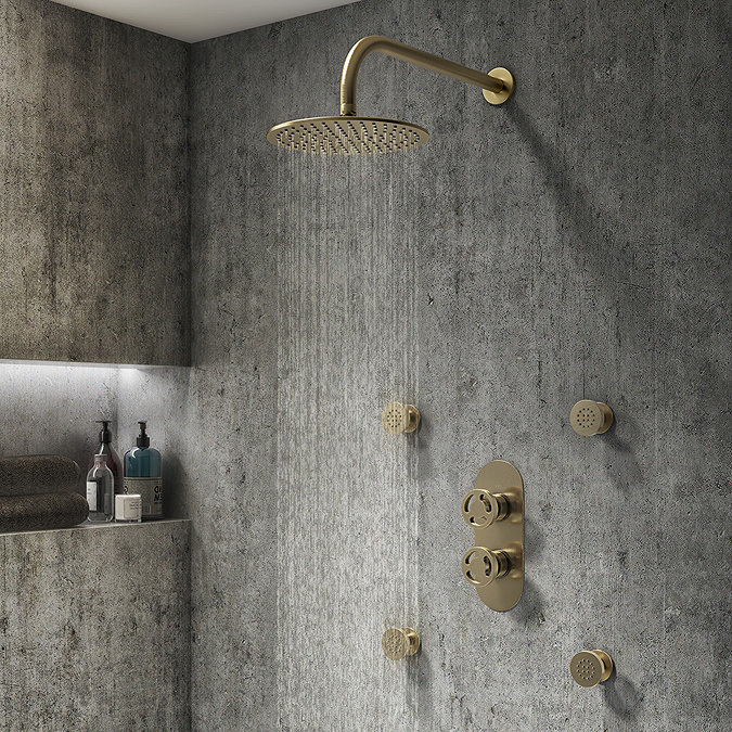Arezzo Brushed Brass Industrial Style Round Modern Twin Concealed Shower Valve with Diverter  In Bathroom Large Image