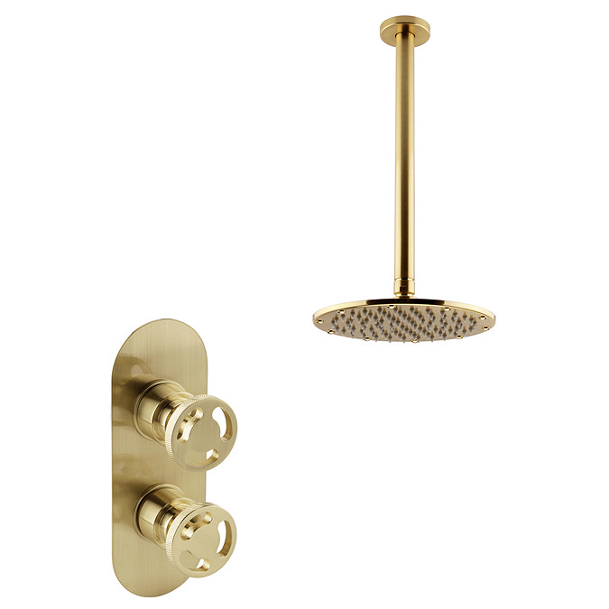 Arezzo Brushed Brass Industrial Style Shower System with Concealed Valve + Ceiling Mounted Head additional Large Image