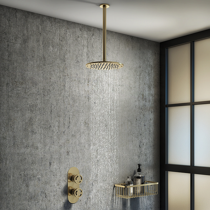 Arezzo Brushed Brass Industrial Style Shower System with Concealed Valve + Ceiling Mounted Head Larg