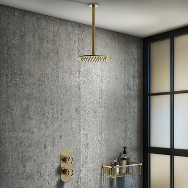 Arezzo Brushed Brass Industrial Style Shower System with Concealed Valve + Ceiling Mounted Head  Pro