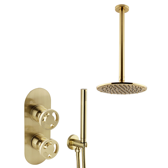 Arezzo Brushed Brass Industrial Style Shower System with Concealed Valve, Handset + Ceiling Mounted Head  In Bathroom Large Image