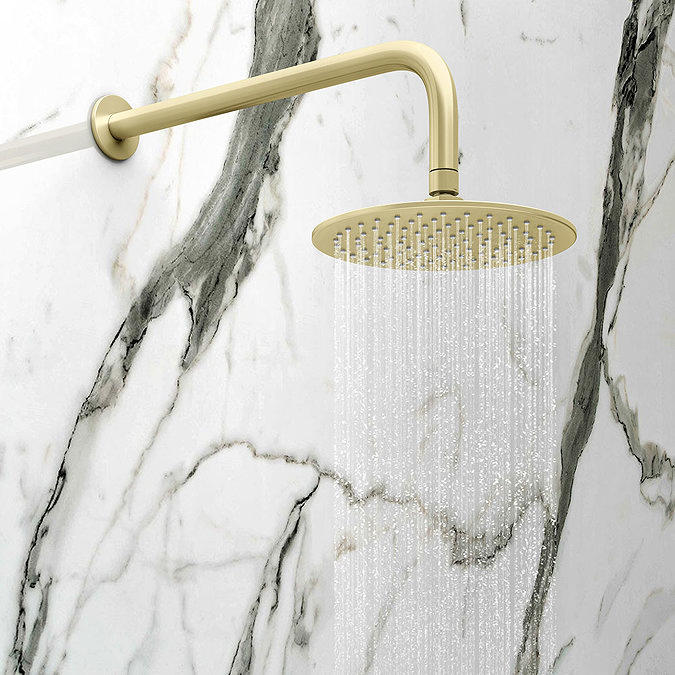 Arezzo Brushed Brass Industrial Style Shower System with Concealed Valve, Head + Handset  In Bathroo