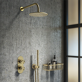 Arezzo Brushed Brass Industrial Style Shower System with Concealed Valve, Head + Handset Medium Imag