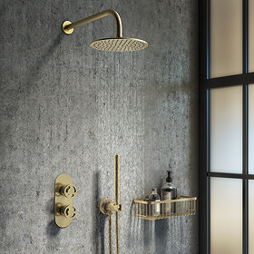 Arezzo Brushed Brass Industrial Style Shower System with Concealed Valve, Head + Handset Large Image