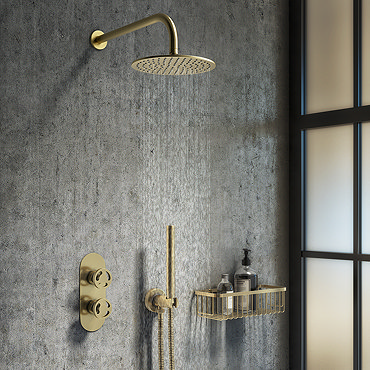 Arezzo Brushed Brass Industrial Style Shower System with Concealed Valve, Head + Handset  Profile La
