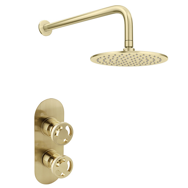 Arezzo Brushed Brass Industrial Style Shower System with Concealed Valve + Head  Newest Large Image