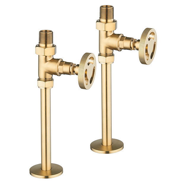 Arezzo Brushed Brass Industrial Style Straight Radiator Valves incl. Stand Pipes Large Image