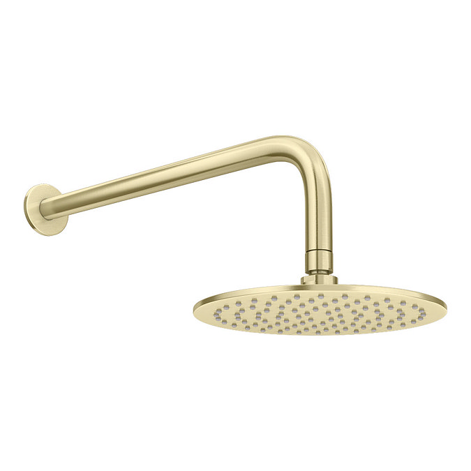 Arezzo Brushed Brass Push-Button Shower with Handset + Rainfall Shower Head In Bathroom Large Image
