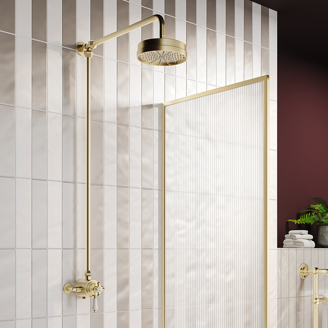 Arezzo Brushed Brass Rigid Riser Kit with 195mm Round Overhead Drench Shower Head