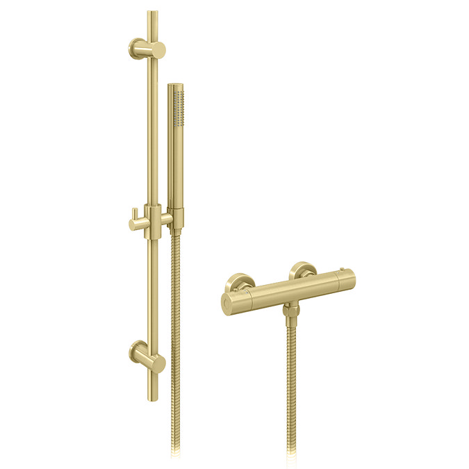 Arezzo Brushed Brass Round Bar Shower Valve incl. Slide Rail Kit with Pencil Handset In Bathroom Large Image
