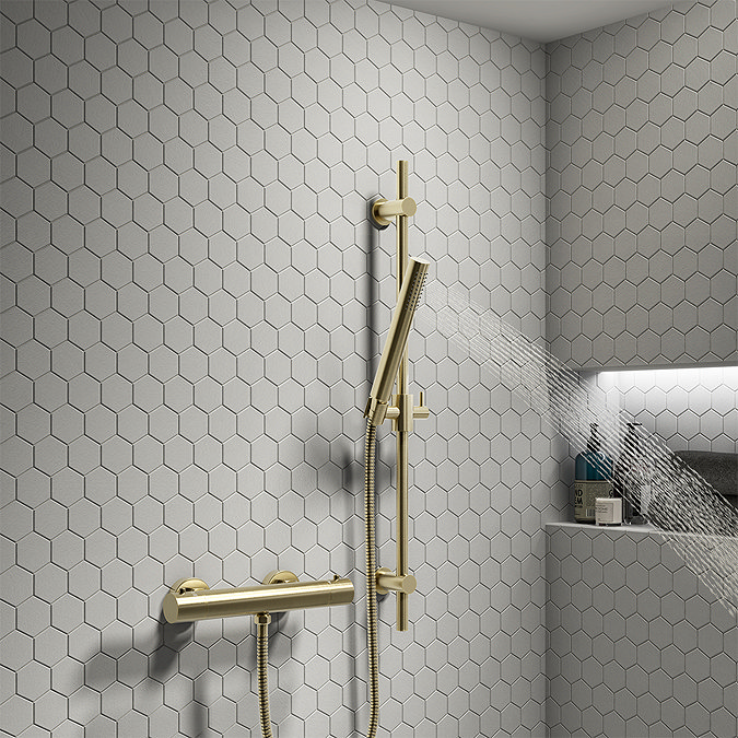Arezzo Brushed Brass Round Bar Shower Valve incl. Slide Rail Kit with Pencil Handset Large Image