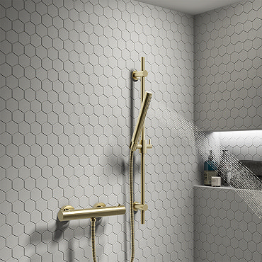 Arezzo Brushed Brass Round Bar Shower Valve incl. Slide Rail Kit with Pencil Handset  Profile Large 