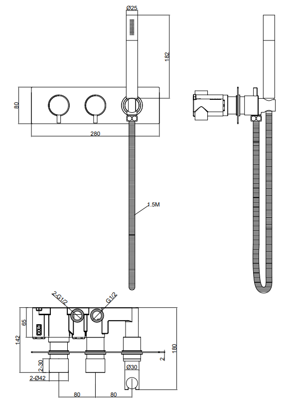 Arezzo Brushed Brass Round Concealed Thermostatic Shower Valve with Handset + Freeflow Bath Filler