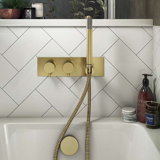 Arezzo Brushed Brass Round Concealed Thermostatic Shower Valve w. Handset + Freeflow Bath Filler