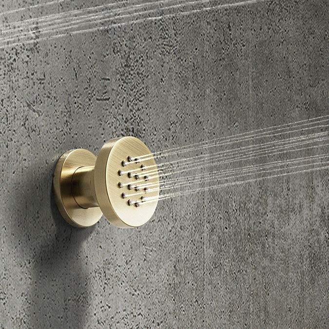 Arezzo Brushed Brass Round Concealed Triple Shower Valve with Fixed Head + 4 Body Jets  Profile Large Image
