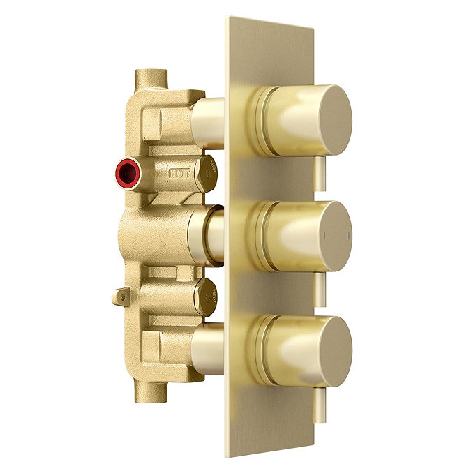 Arezzo Brushed Brass Round Concealed Triple Shower Valve with Fixed Head + 4 Body Jets  Newest Large Image