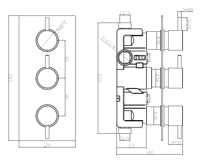 Arezzo Brushed Brass Round Concealed Triple Shower Valve with Fixed Head + 4 Body Jets