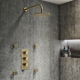 Arezzo Brushed Brass Round Concealed Triple Shower Valve with Fixed Head + 4 Body Jets Medium Image