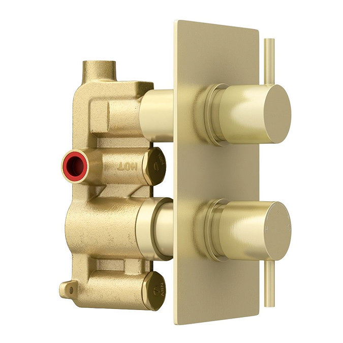 Arezzo Brushed Brass Round Concealed Twin Valve with Diverter, Bath Spout + Shower Handset  In Bathroom Large Image