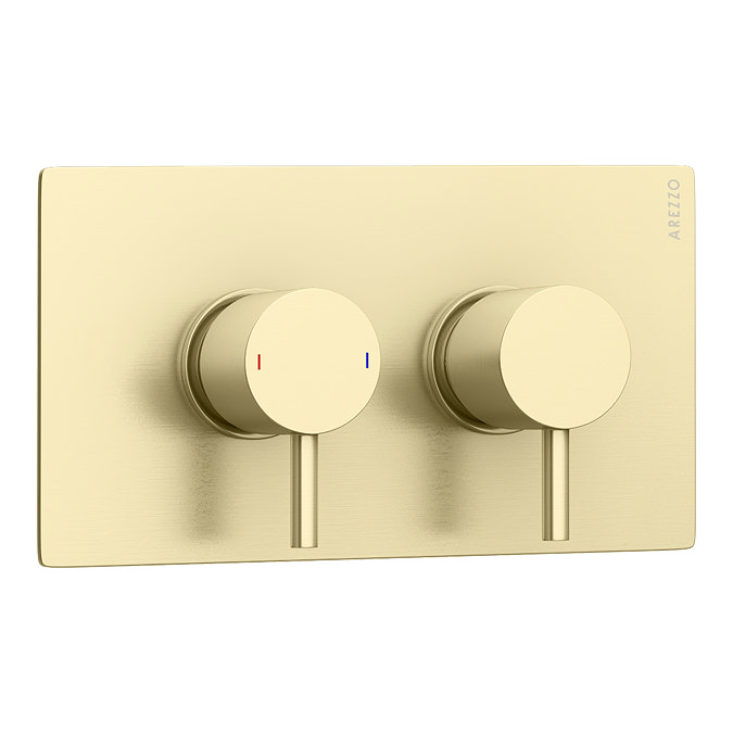 Arezzo Brushed Brass Round Concealed Twin Valve with Diverter, Bath Spout + Shower Handset