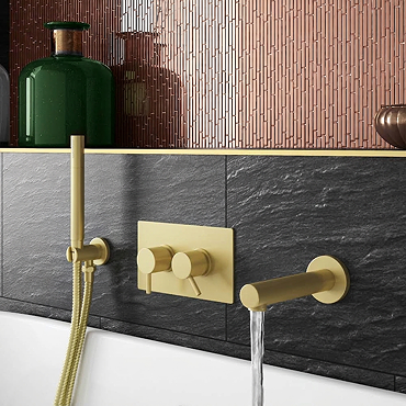 Arezzo Brushed Brass Round Concealed Twin Valve with Diverter, Bath Spout + Shower Handset