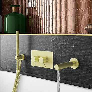 Arezzo Brushed Brass Round Concealed Twin Valve with Diverter, Bath Spout + Shower Handset  In Bathr