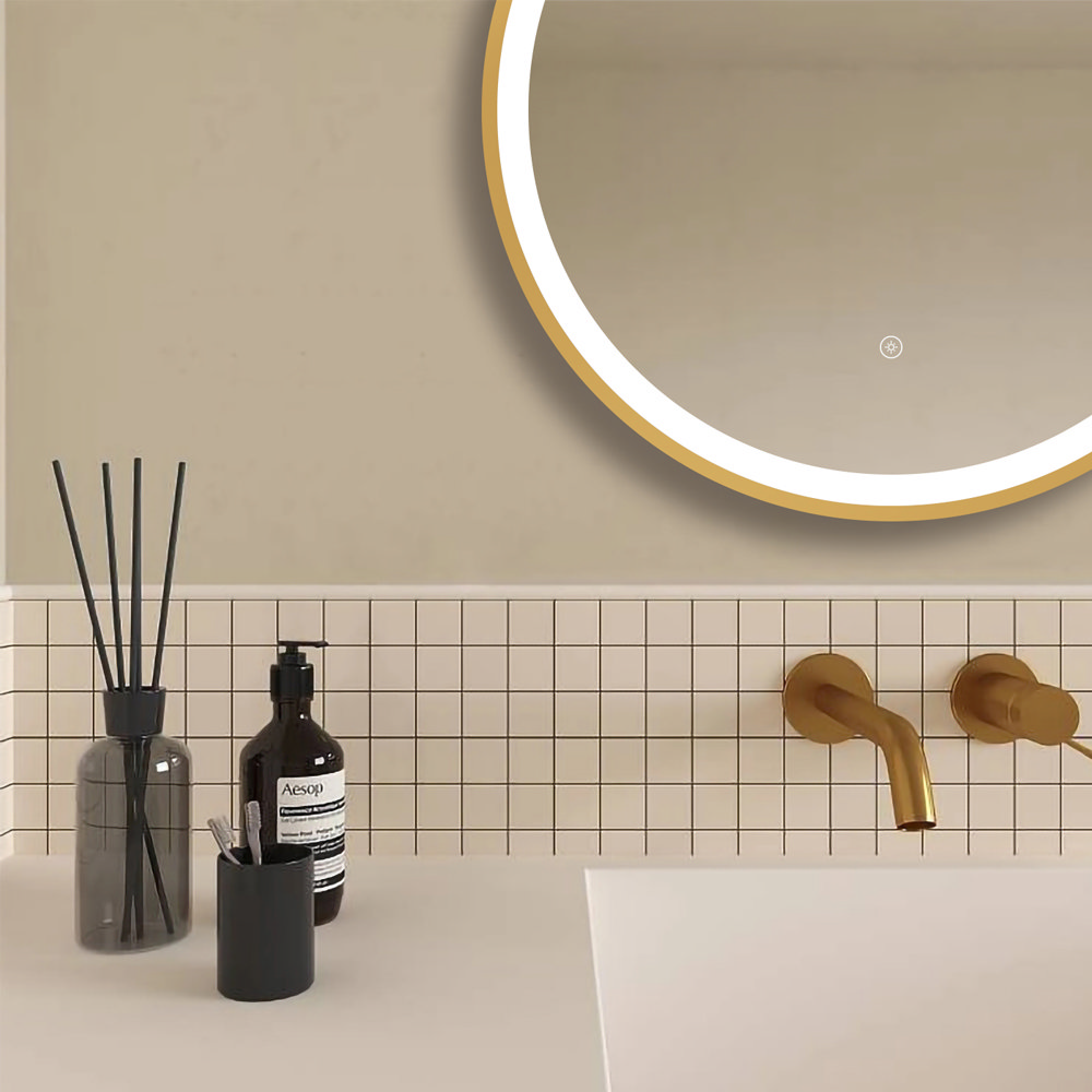Arezzo Brushed Brass 600mm Round LED Illuminated AntiFog Bathroom Mirror