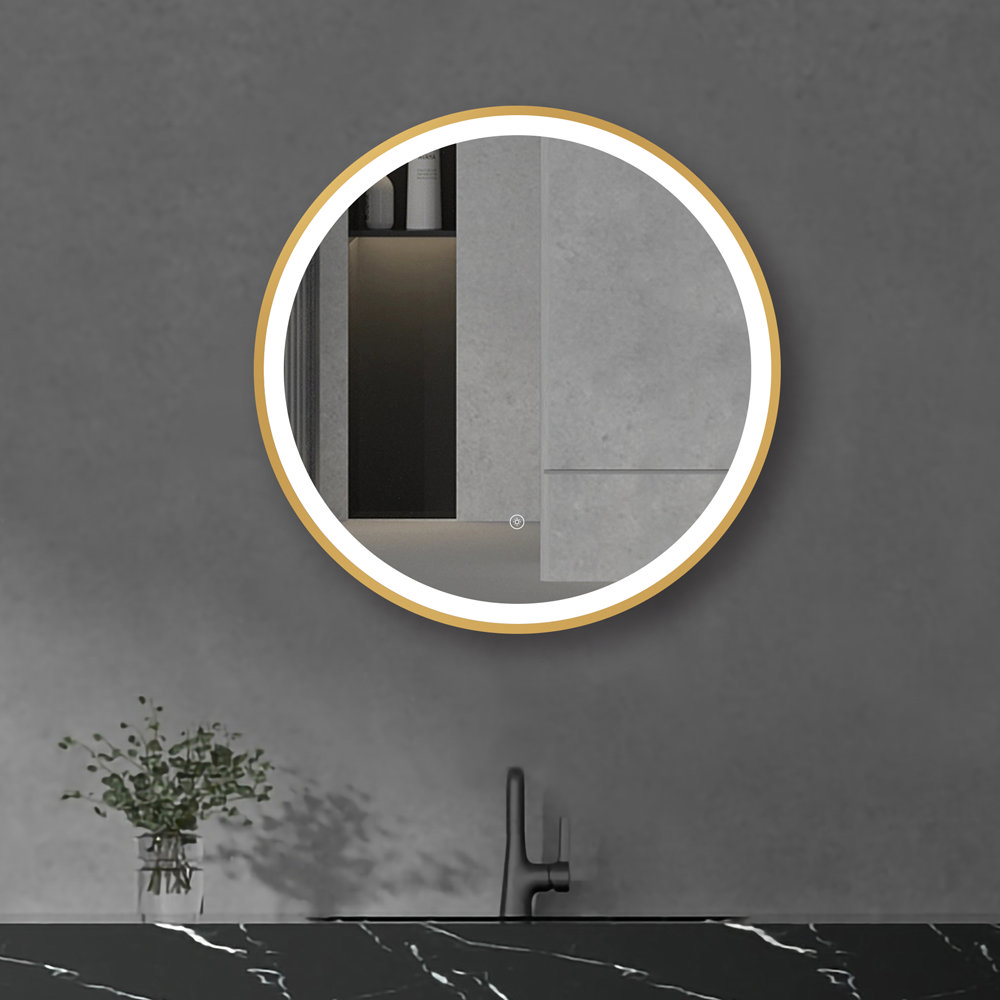 Arezzo Brushed Brass 600mm Round LED Illuminated AntiFog Bathroom Mirror