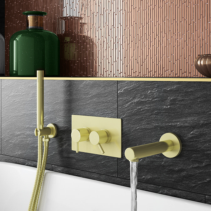 Arezzo Brushed Brass Round Modern Twin Concealed Shower Valve with Diverter  In Bathroom Large Image