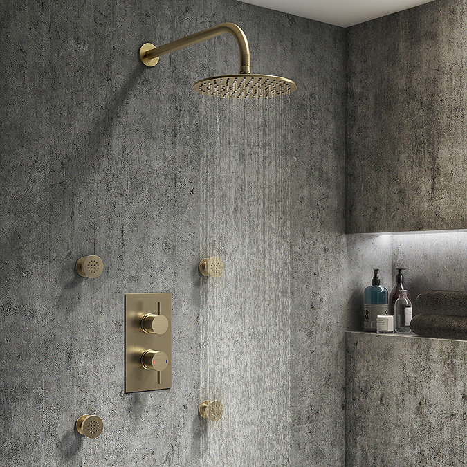 Arezzo Brushed Brass Round Modern Twin Concealed Shower Valve with Diverter  Newest Large Image