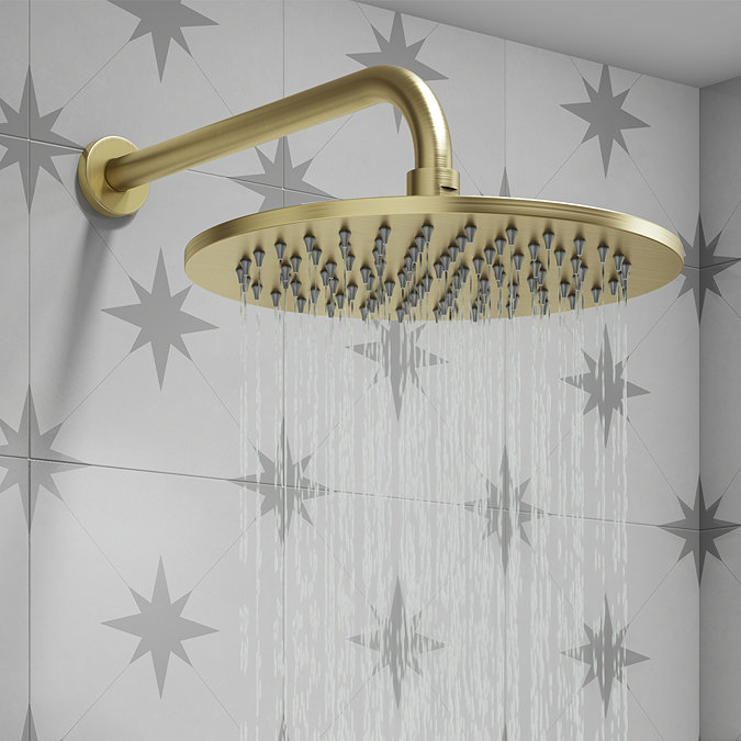 Arezzo Brushed Brass Round Push-Button Shower with 300mm Rainfall Shower Head In Bathroom Large Ima