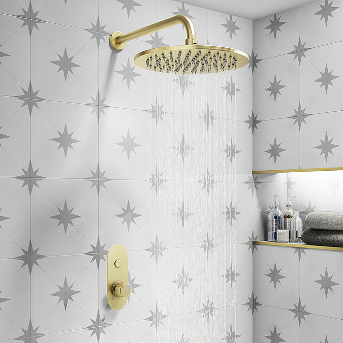 Arezzo Brushed Brass Round Push-Button Shower with 300mm Rainfall Shower Head Large Image