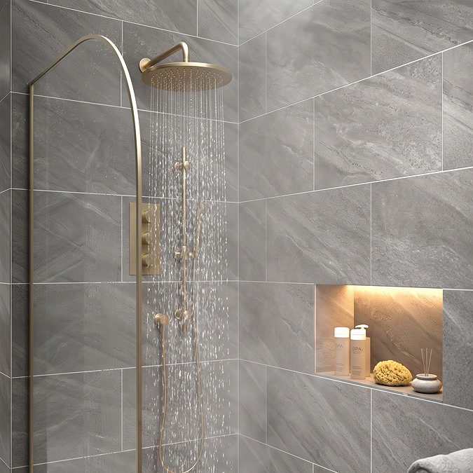 Arezzo Brushed Brass Round Shower System - 300mm Fixed Head with Slider Rail Kit