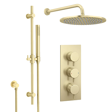 Arezzo Brushed Brass Round Shower System - 300mm Fixed Head with Slider Rail Kit