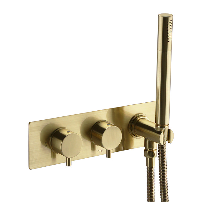 Arezzo Brushed Brass Round Shower System (Fixed Head, Handset + Integrated Parking Bracket)  Profile Large Image