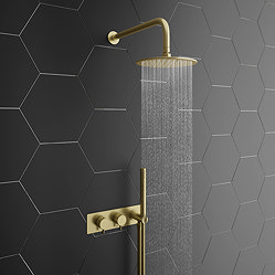 Arezzo Brushed Brass Round Shower System (Fixed Head, Handset + Intergrated Parking Bracket) Large I