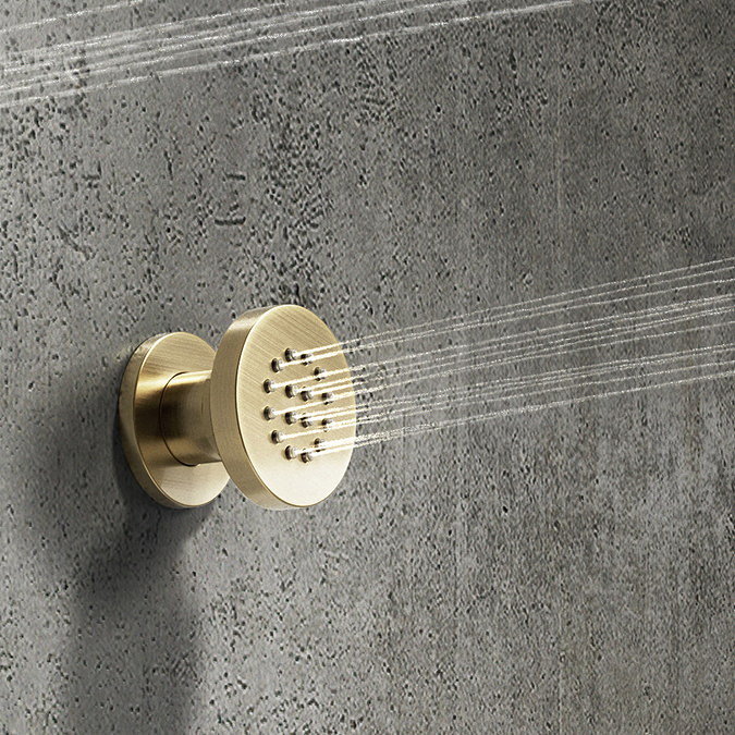 Arezzo Brushed Brass Round Shower System w. Diverter, Fixed Head + 4 Body Jets (Oval Backplate)