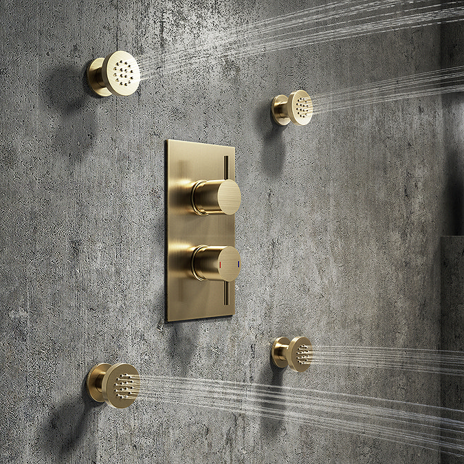 Arezzo Brushed Brass Round Shower System with Diverter, Fixed Shower Head + 4 Body Jets Profile Lar