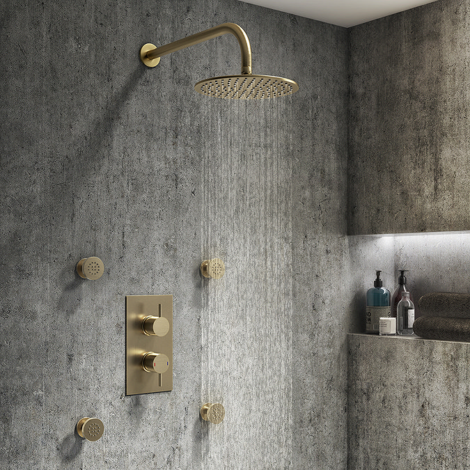Arezzo Brushed Brass Round Shower System with Diverter, Fixed Shower Head + 4 Body Jets Large Image