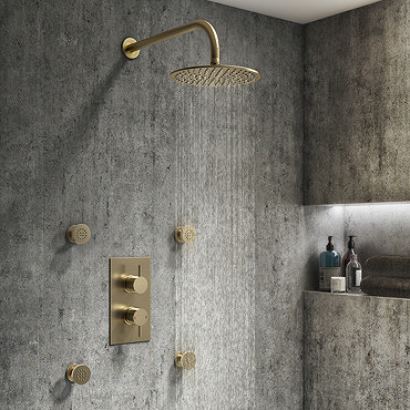 Arezzo Brushed Brass Round Shower System with Diverter, Fixed Shower Head + 4 Body Jets  Profile Lar