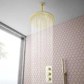 Arezzo Brushed Brass Round Thermostatic Shower Pack with 300mm Ceiling Mounted Head + Handset Large