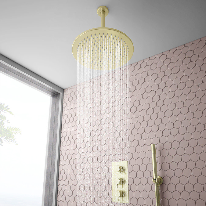 Arezzo Brushed Brass Round Thermostatic Shower Pack with 300mm Ceiling Mounted Head + Handset Large 