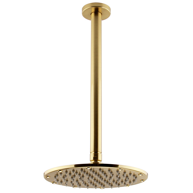 Arezzo Brushed Brass Round Thermostatic Shower Pack with Ceiling Mounted Head + Handset Feature Large Image