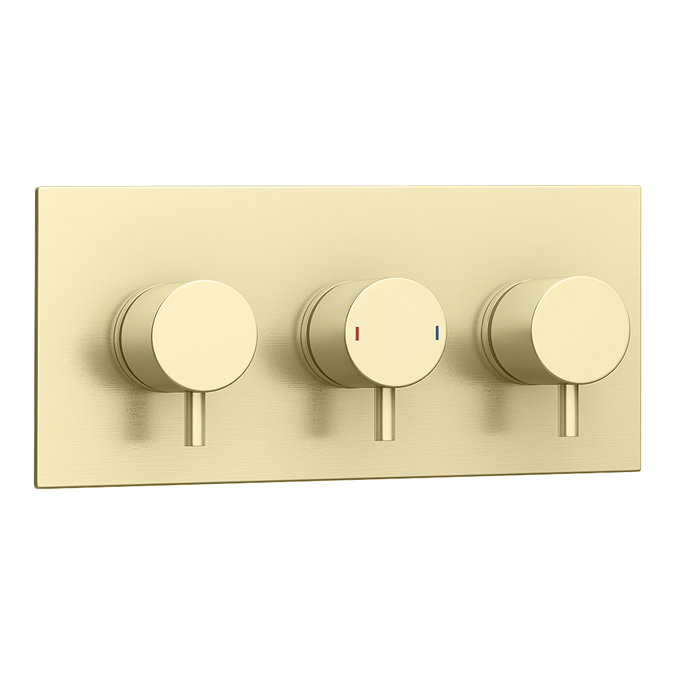 Arezzo Brushed Brass Round Thermostatic Shower Pack with Ceiling Mounted Head + Handset In Bathroom Large Image