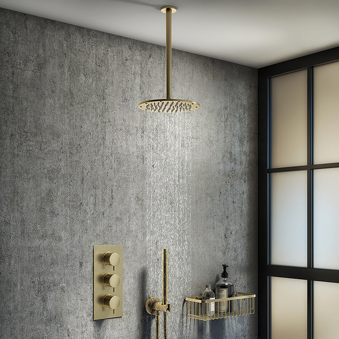 Arezzo Brushed Brass Round Thermostatic Shower Pack with Ceiling Mounted Head + Handset Large Image