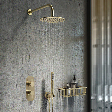 Arezzo Brushed Brass Round Thermostatic Shower Pack with Head + Handset (Oval Faceplate)  Profile La