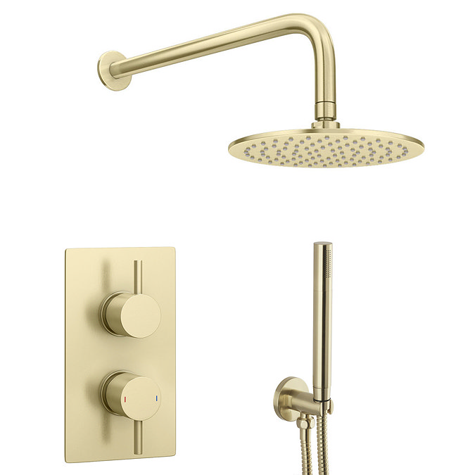 Arezzo Brushed Brass Round Thermostatic Shower Pack with Head + Handset  Newest Large Image
